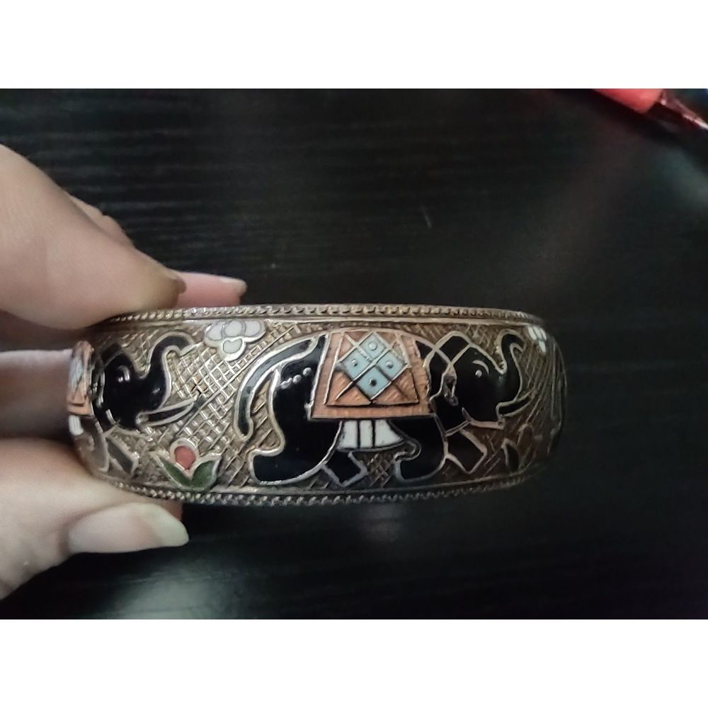 Brass and Enamel Bangle Bracelet with Marching Elephant Motif